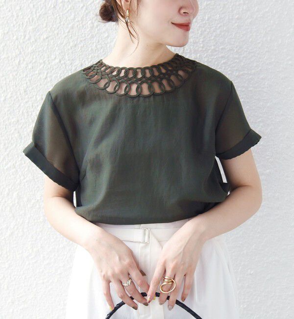 SHIPS for women「〈手洗い可能〉襟 刺繍 デザイン ヴィンテージ スパン ブラウス」|シャツ・ブラウス|カーキ