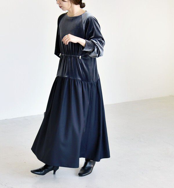 quaranciel「quaranciel:〈洗濯機可能〉ポリエステル ベロア ドロストコンビ ワンピース」|ワンピース|