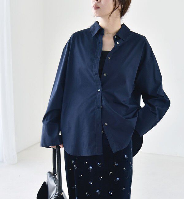 quaranciel「《予約》quaranciel:〈UVカット/洗濯機可能〉UNITO plus レギュラーカラー ルーズ シャツ」|シャツ・ブラウス|ネイビー
