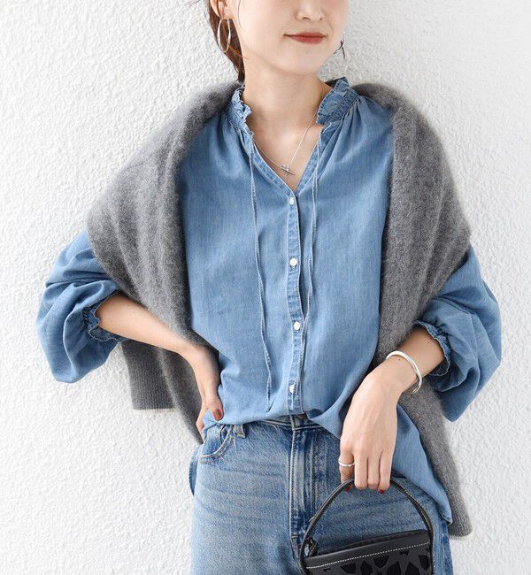 SHIPS for women「《予約》〈洗濯機可能〉ライトオンス デニム フリル スキッパー ブラウス」|シャツ・ブラウス|ライトブルー