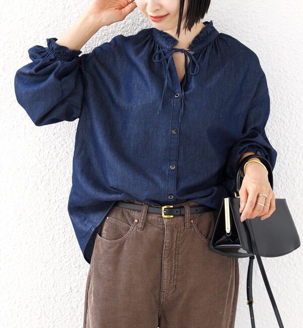 SHIPS for women「《予約》〈洗濯機可能〉ライトオンス デニム フリル スキッパー ブラウス」|シャツ・ブラウス|