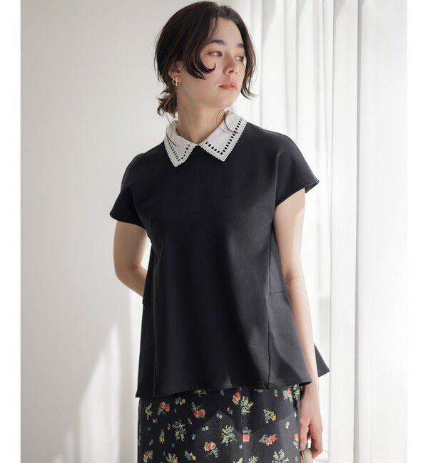 組曲「【加藤ローサさん着用】フレンチテリー 刺繍襟 ペプラムカットソー」|Tシャツ・カットソー|ブラック系