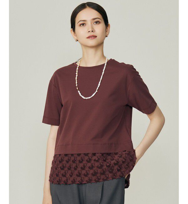 自由区「【カタログ掲載・着まわし力・異素材コンビ】ジャカードコンビジャージー カットソー」|Tシャツ・カットソー|ボルドー