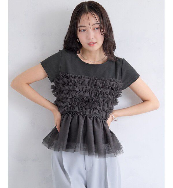 VIS「チュールフリルドッキングフレンチスリーブ/UVケア」|Tシャツ・カットソー|