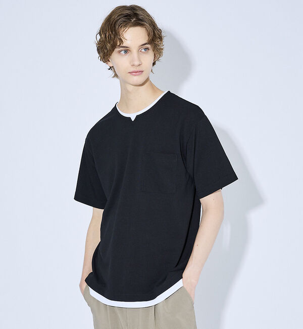ABAHOUSE「キーネック カノコ半袖Tシャツ / フェイクレイヤード」|Tシャツ・カットソー|ブラック