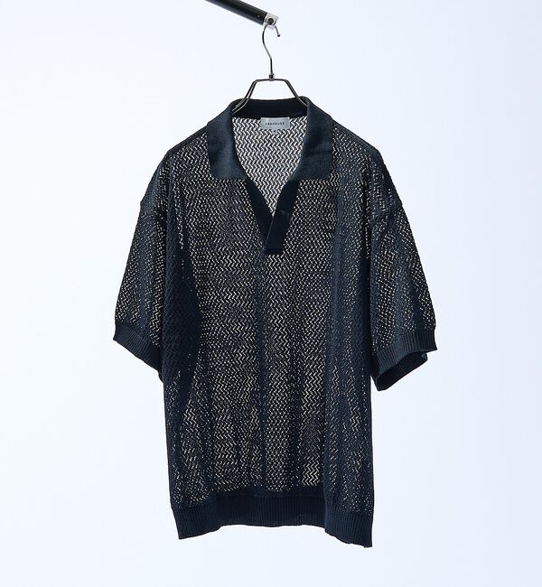 ABAHOUSE「シアーメッシュ スキッパー ニットポロ」|ポロシャツ|ブラック