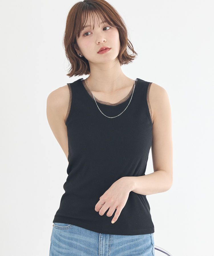 earth music&ecology「エッジチュールラメテレコタンクトップ」|インナー|Black