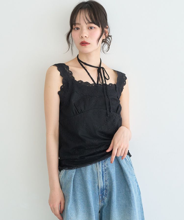 earth music&ecology「総レースホルターネックキャミソール」|インナー|Black