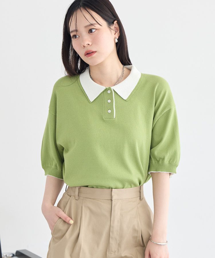 earth music&ecology「バイカラーポロニット」|ニット・セーター|Green
