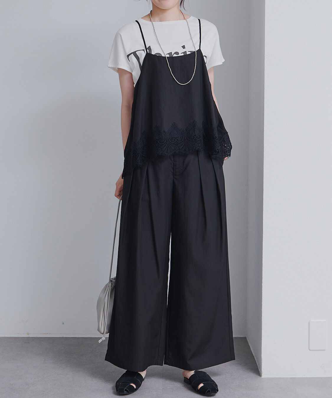  「【SET ITEM】レースヘムキャミソール+スラックスパンツセット」|その他|ブラック