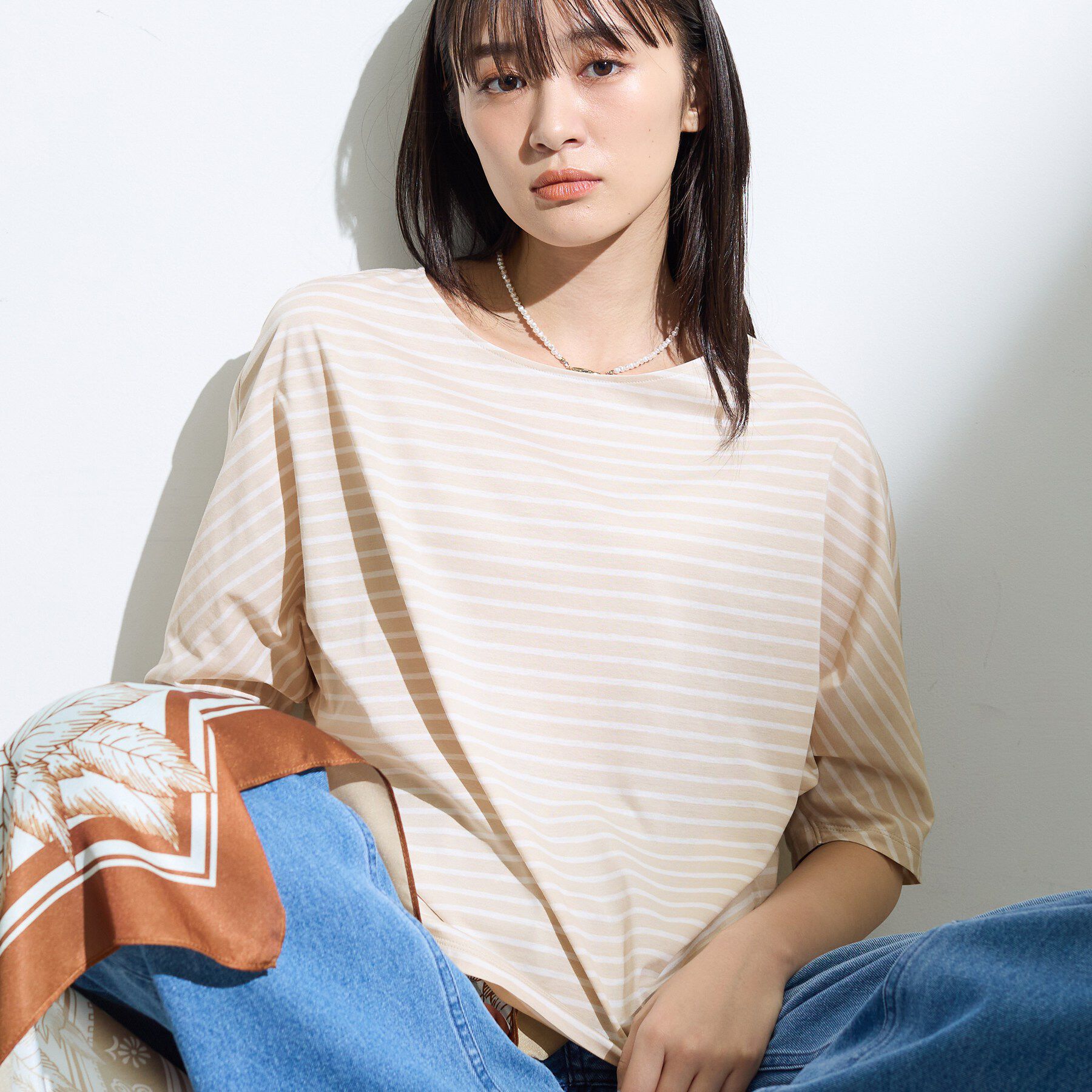 INDIVI「【体型カバー】ボーダードルマントップス」|Tシャツ・カットソー|ベージュ(352)