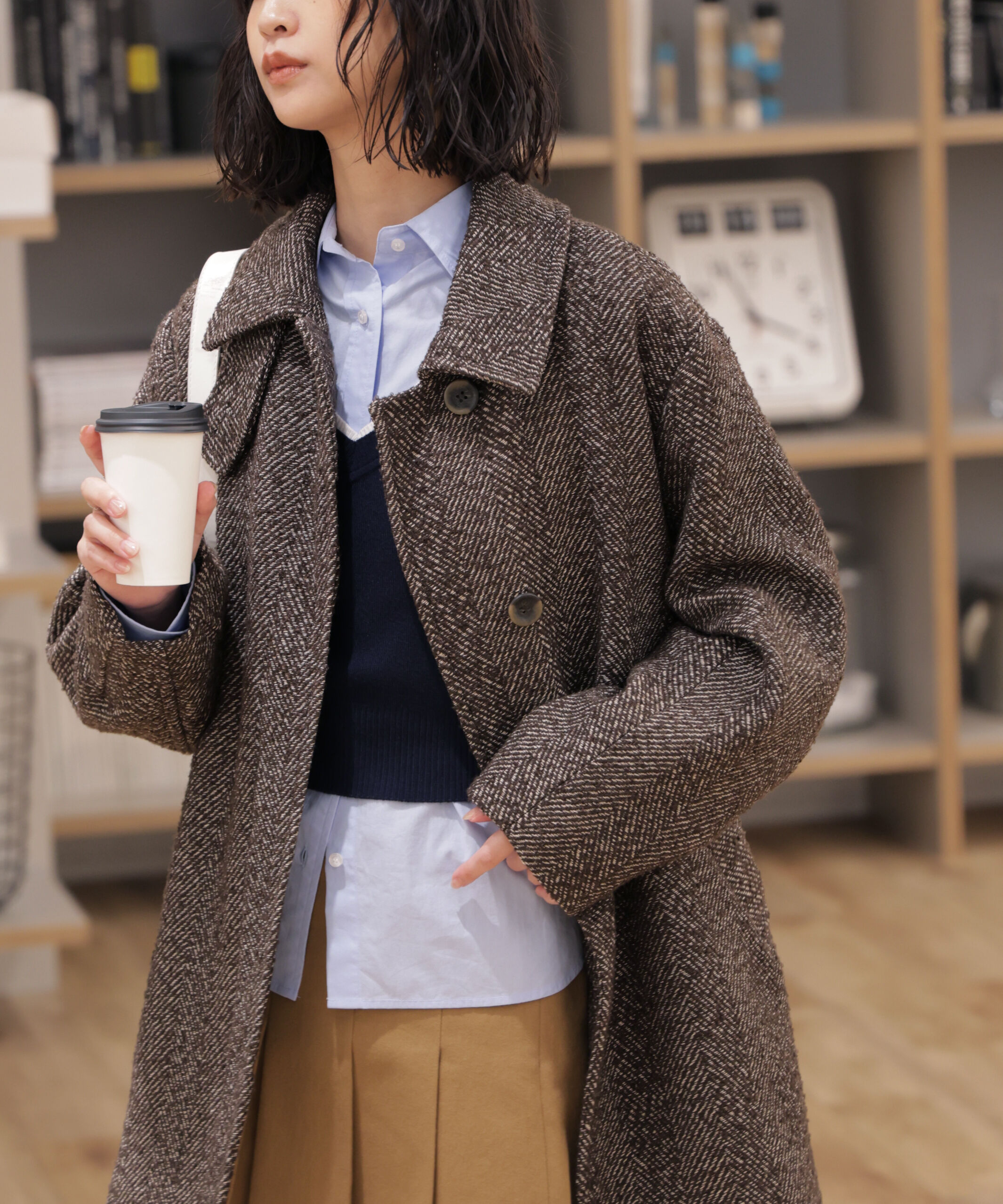  「スタンドカラーミドル丈ツイードコート」|その他|