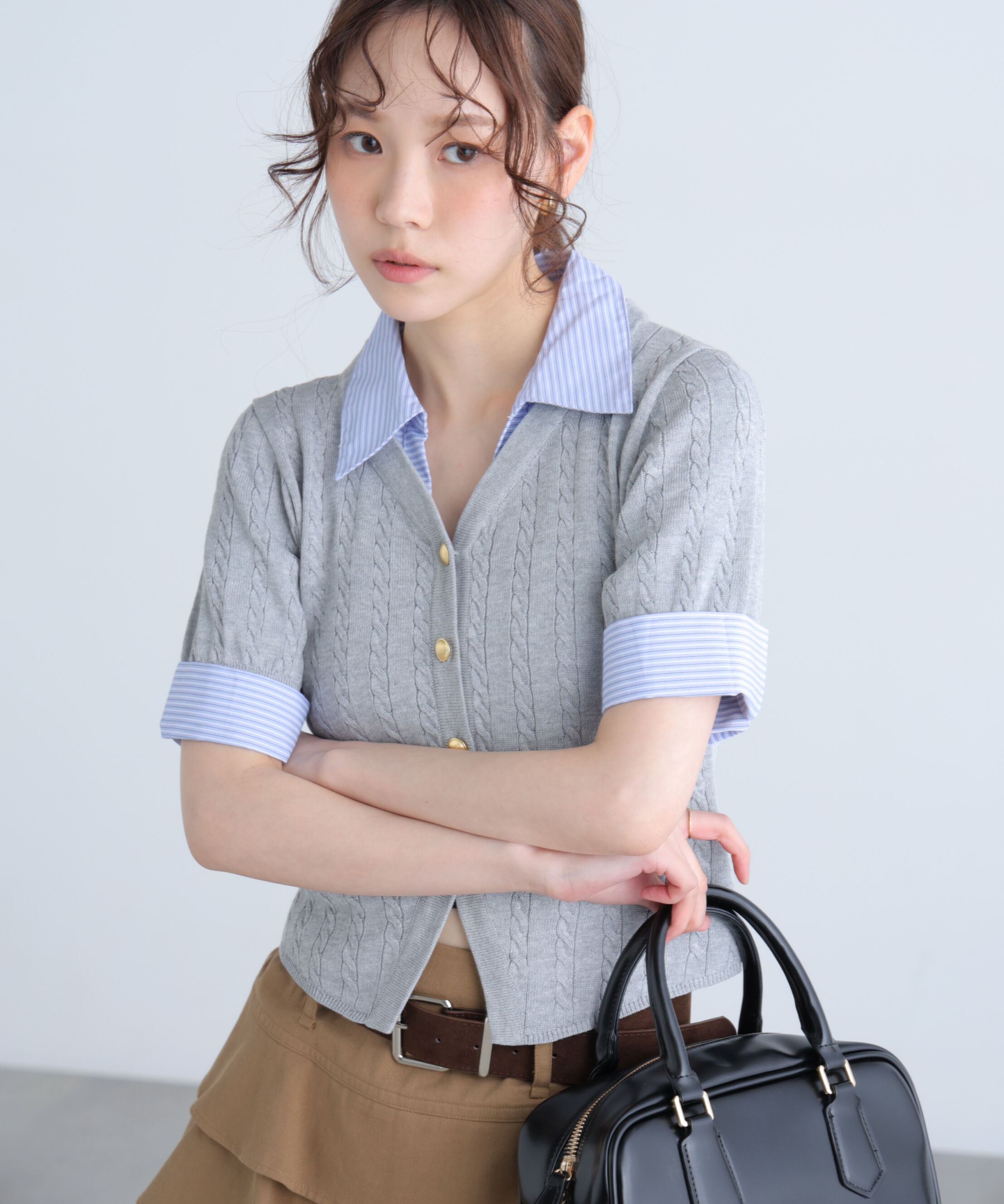  「シャツレイヤード金ボタン半袖ニット」|ニット・セーター|