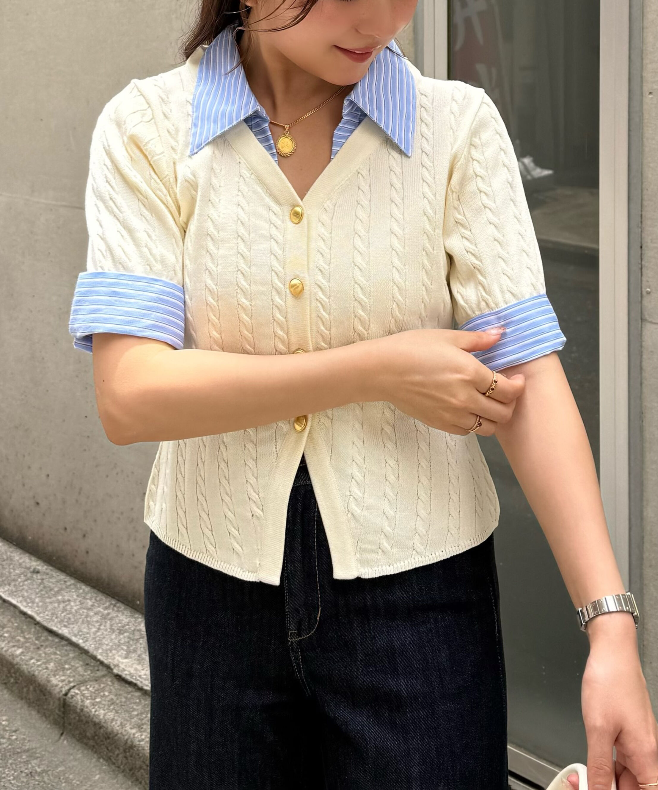  「シャツレイヤード金ボタン半袖ニット」|ニット・セーター|オフ
