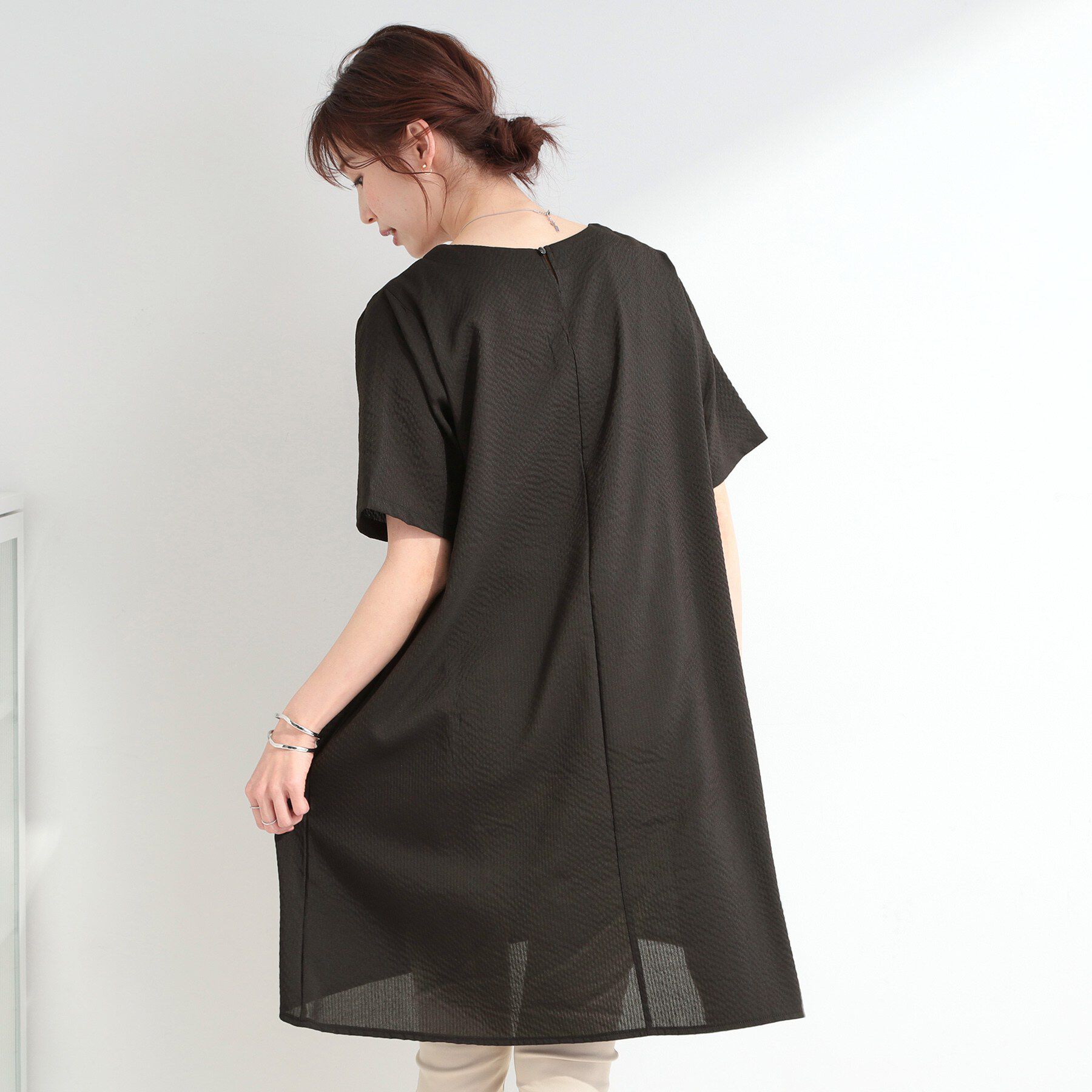 SHOO･LA･RUE「【洗濯機可/体型カバー】上から着るだけ 異素材切替 Aラインチュニックワンピース」|チュニック|