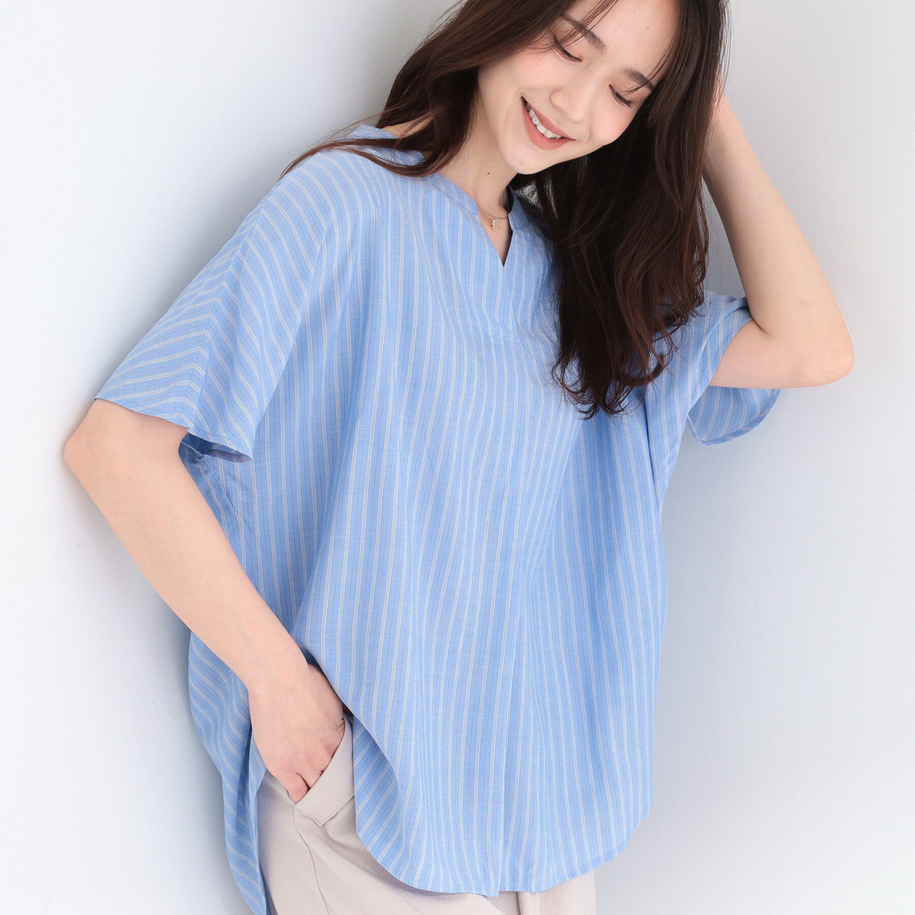 SHOO･LA･RUE「【洗濯機可/体型カバー】とろみタックスキッパーブラウス」|シャツ・ブラウス|ブルー(391)