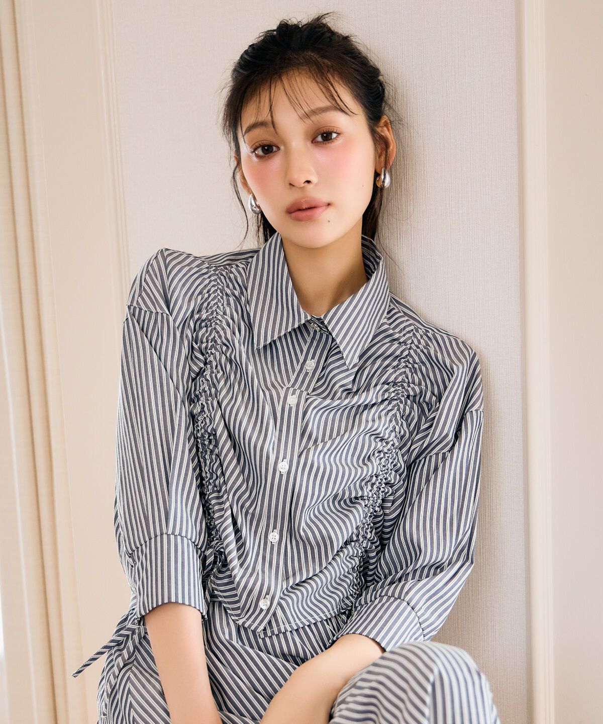 アンドクチュール「ストライプシャーリングブラウス」|シャツ・ブラウス|Navy/borderｽﾄﾗｲﾌﾟ