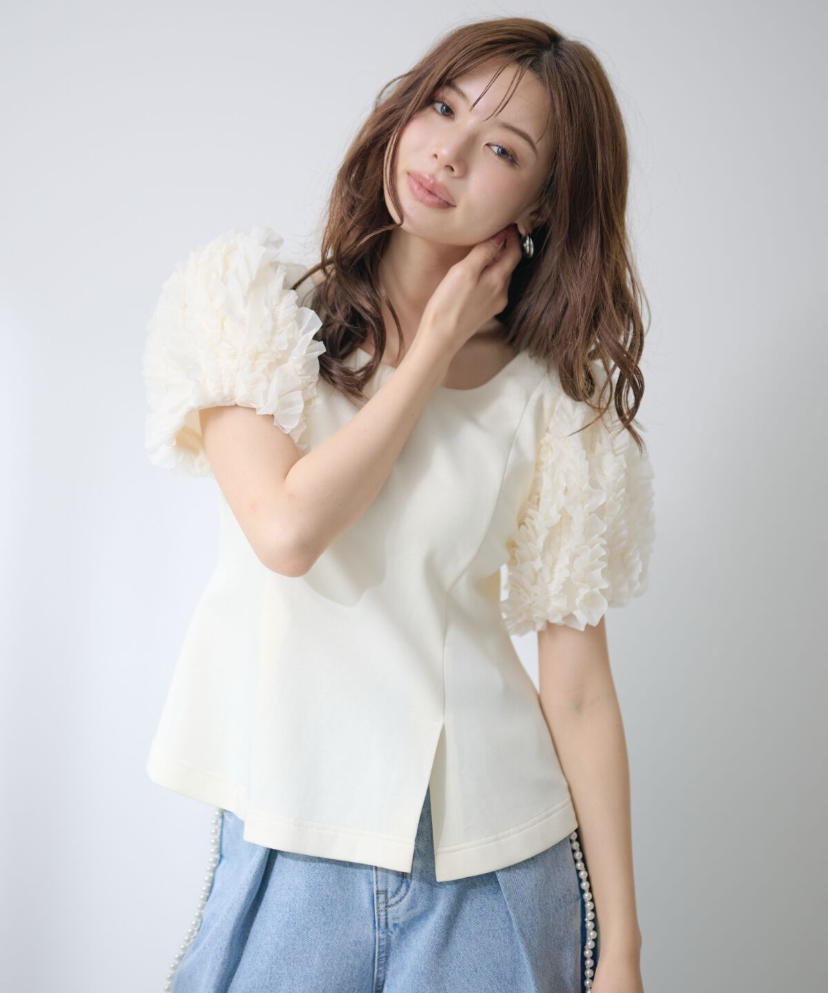 アンドクチュール「フリルスリーブペプラムカットプルオーバー」|Tシャツ・カットソー|