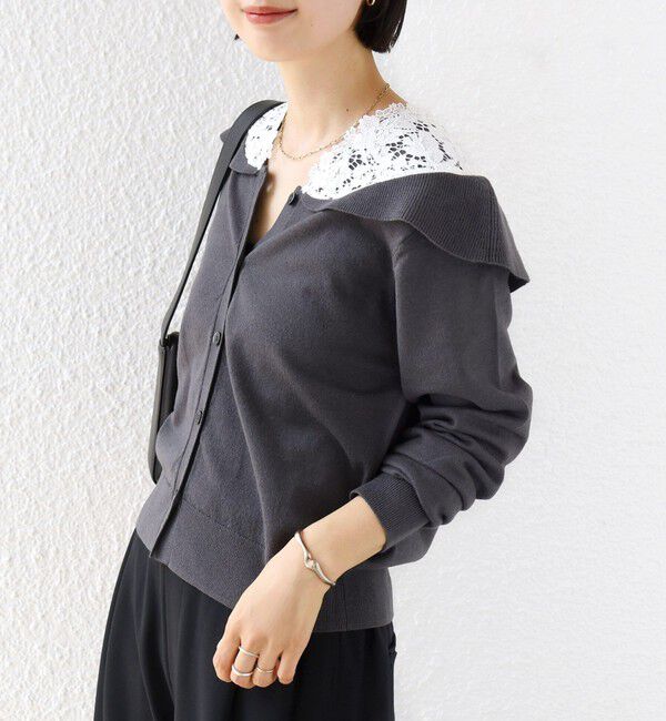 SHIPS for women「《予約》【WEB限定】〈手洗い可能〉レース ビッグ カラー ニット カーディガン」|カーディガン|