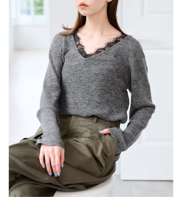 U by SPICK&SPAN「《予約》レースドッキングニット」|ニット・セーター|