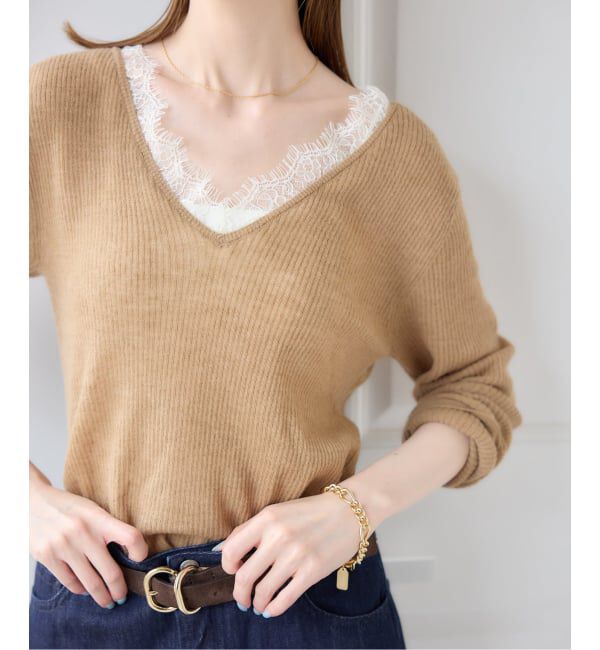 U by SPICK&SPAN「《予約》レースドッキングニット」|ニット・セーター|キャメル A