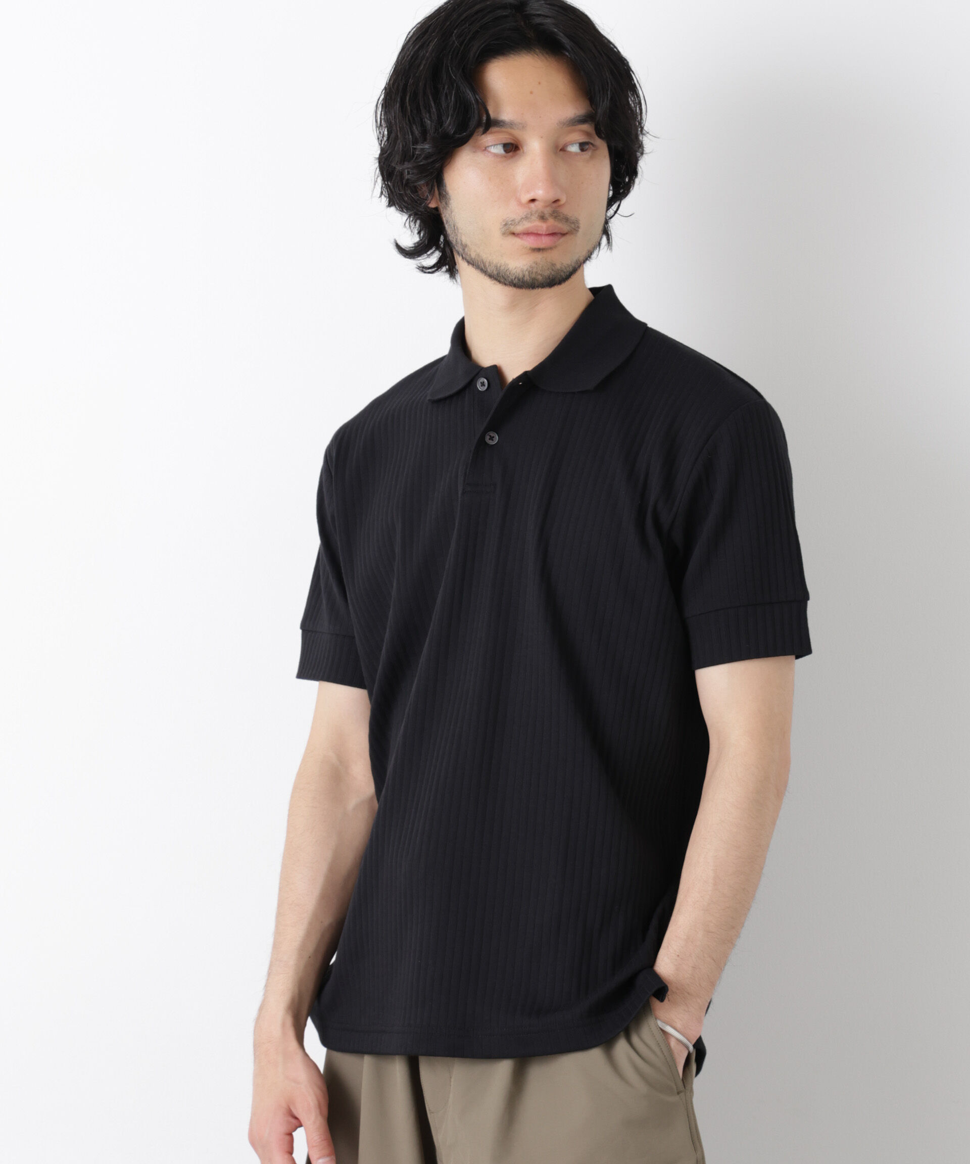 nano･universe「ワイドリブスタンダードポロシャツ 半袖」|Tシャツ・カットソー|ブラック