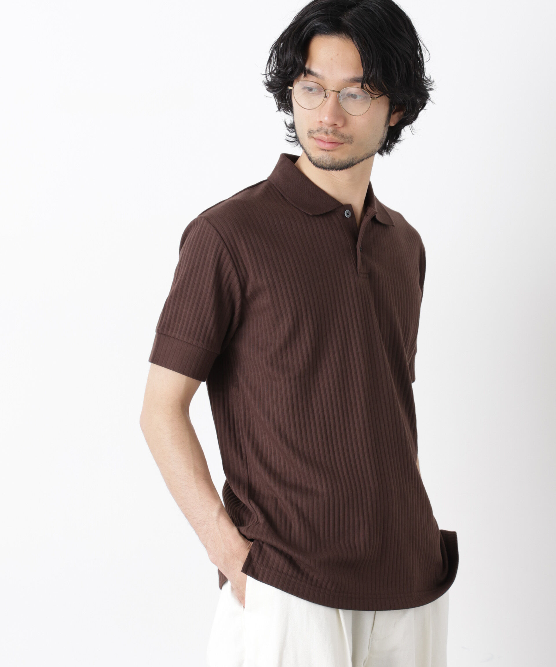 nano･universe「ワイドリブスタンダードポロシャツ 半袖」|Tシャツ・カットソー|ブラウン