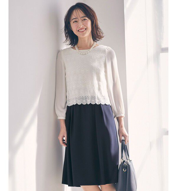 ANY SIS「【洗える】レースコンビバックサテン ワンピース」|ワンピース|ネイビー