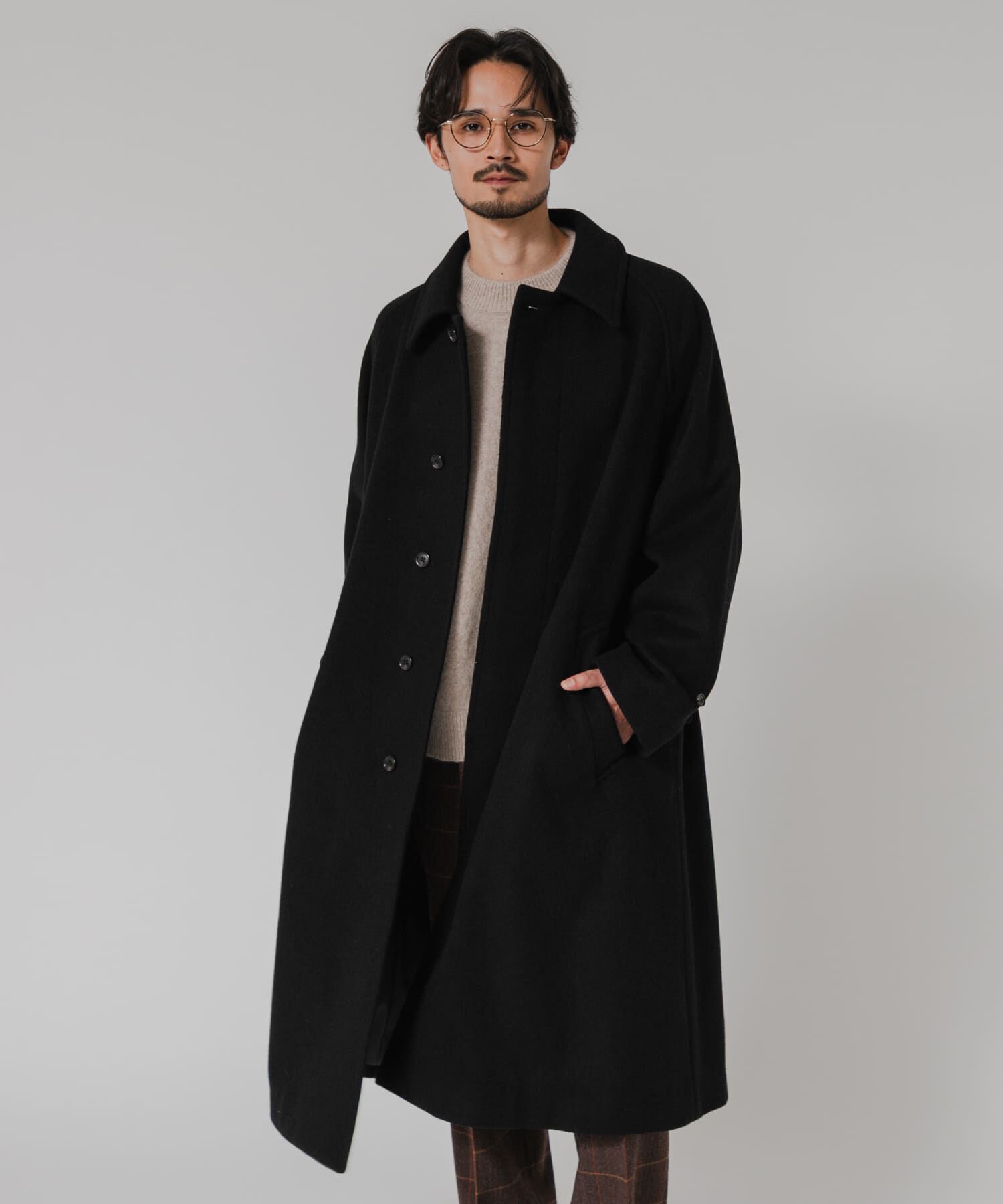 URBAN RESEARCH「WOOL BEAVER BELTED COAT」|ステンカラーコート|ブラック