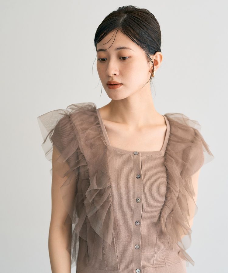 YECCA VECCA「チュールラッフルノースリーブカーディガン」|カーディガン|Beige