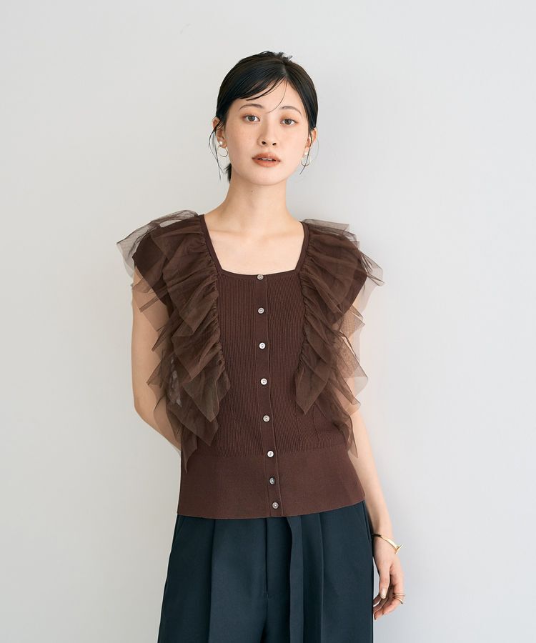 YECCA VECCA「チュールラッフルノースリーブカーディガン」|カーディガン|