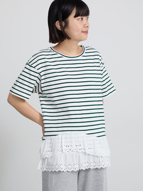 Samansa Mos2「【接触冷感】裾レースボーダーTシャツ」|Tシャツ・カットソー|グリーン