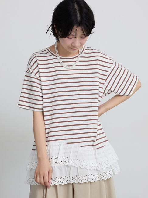 Samansa Mos2「【接触冷感】裾レースボーダーTシャツ」|Tシャツ・カットソー|ブラウン