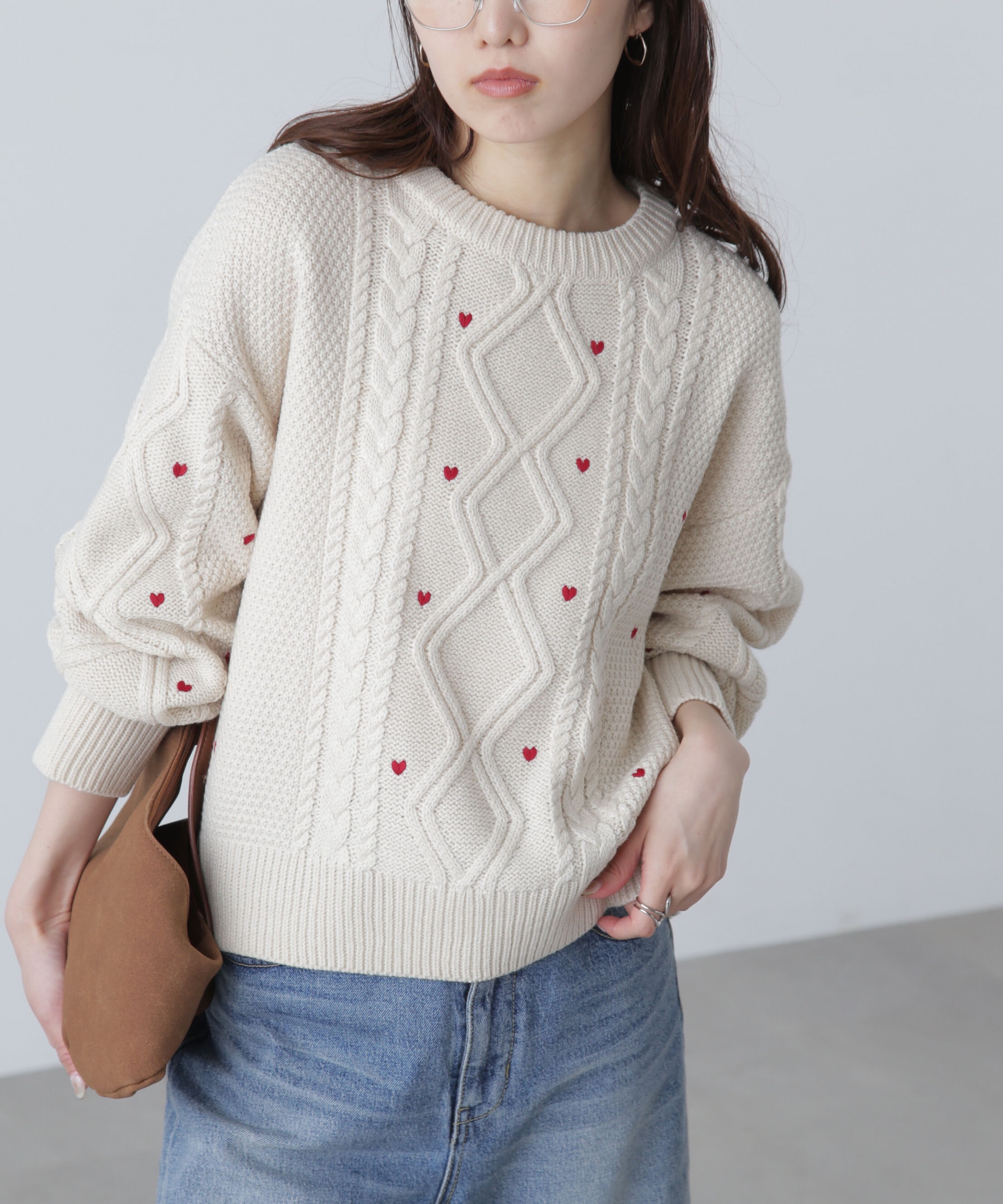  「ハート刺繍ケーブルニット」|ニット・セーター|