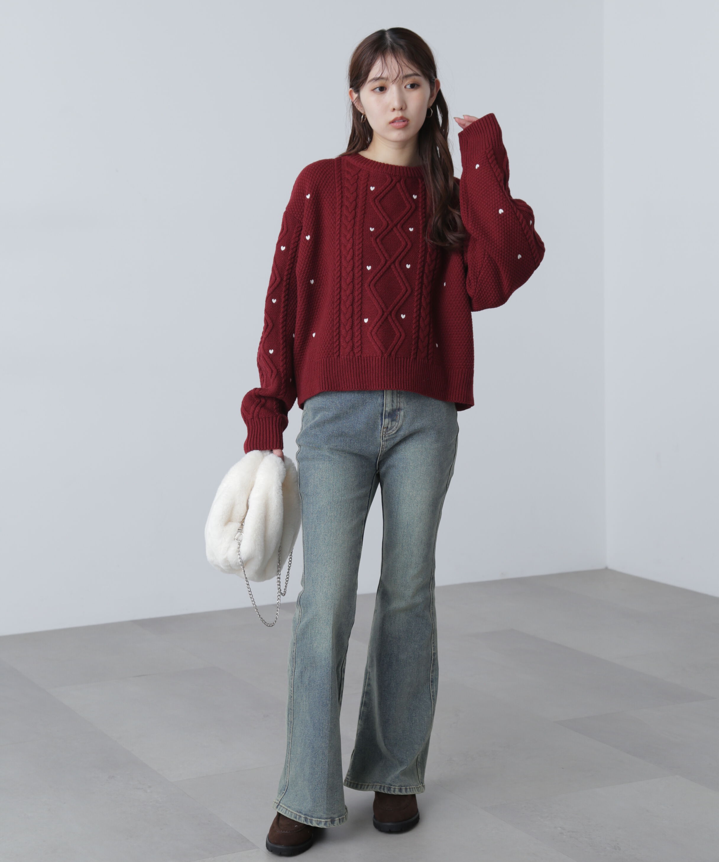  「ハート刺繍ケーブルニット」|ニット・セーター|