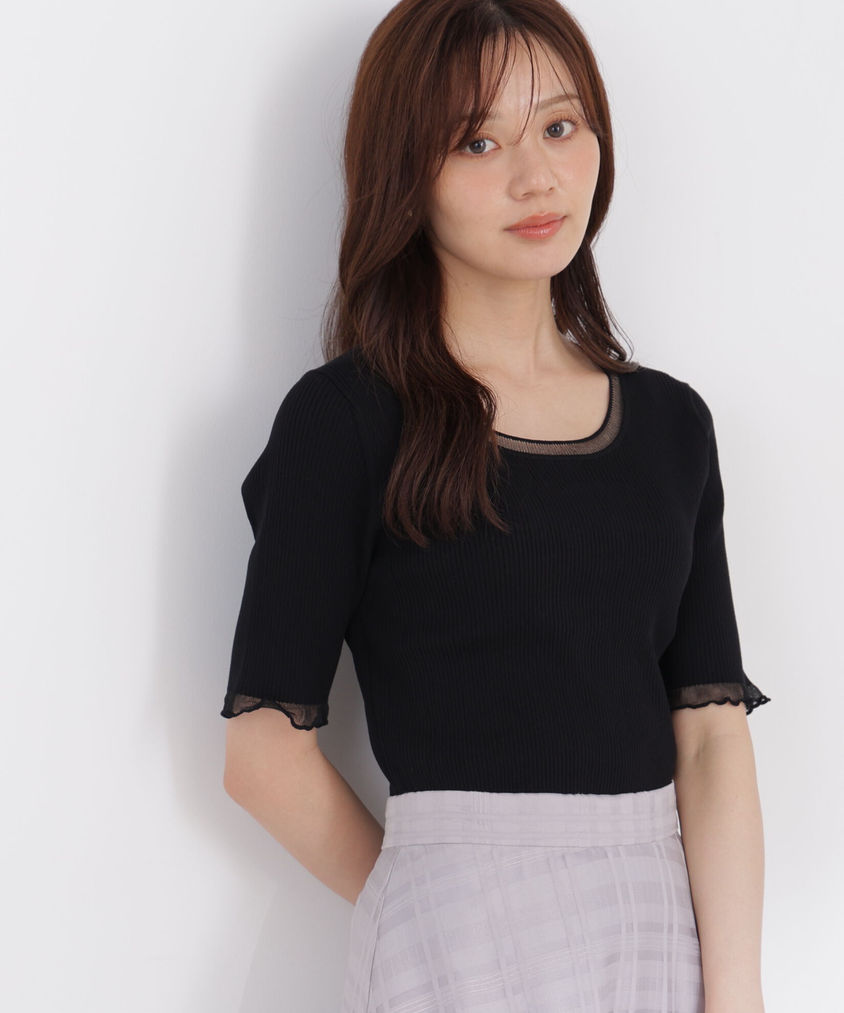 PROPORTION BODY DRESSING「半袖部分シアーリブニット」|ニット・セーター|ブラック
