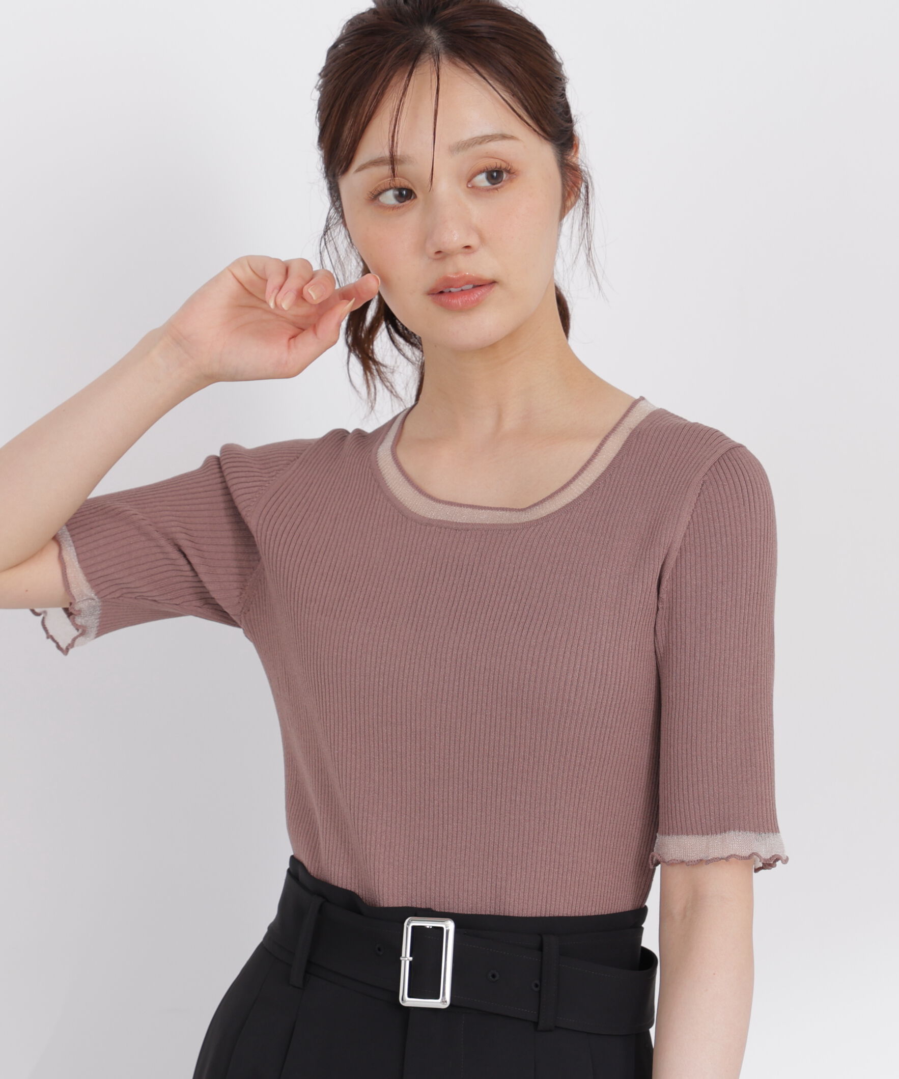 PROPORTION BODY DRESSING「半袖部分シアーリブニット」|ニット・セーター|モカ1