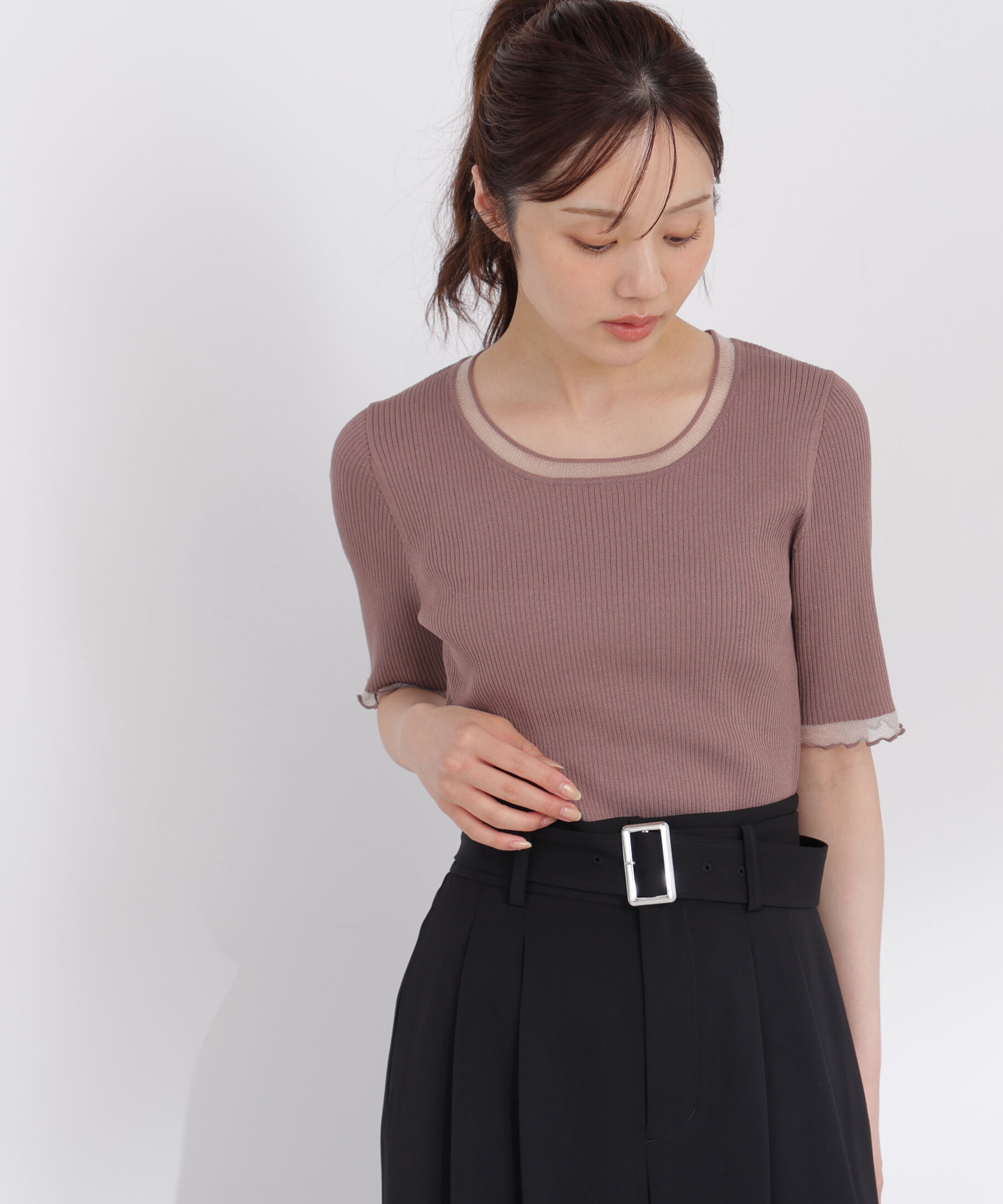PROPORTION BODY DRESSING「半袖部分シアーリブニット」|ニット・セーター|