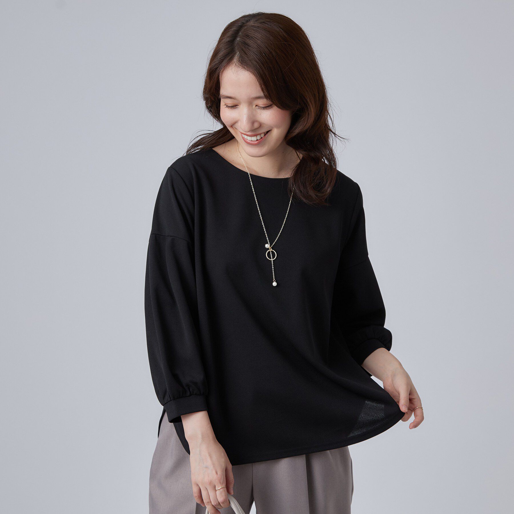 SHOO･LA･RUE「【着丈選べる/2点セット】ネックレス付き やわらか8分袖ブラウス」|Tシャツ・カットソー|