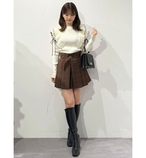 MERCURYDUO「異素材プリーツラッフルリブニット」|ニット・セーター|