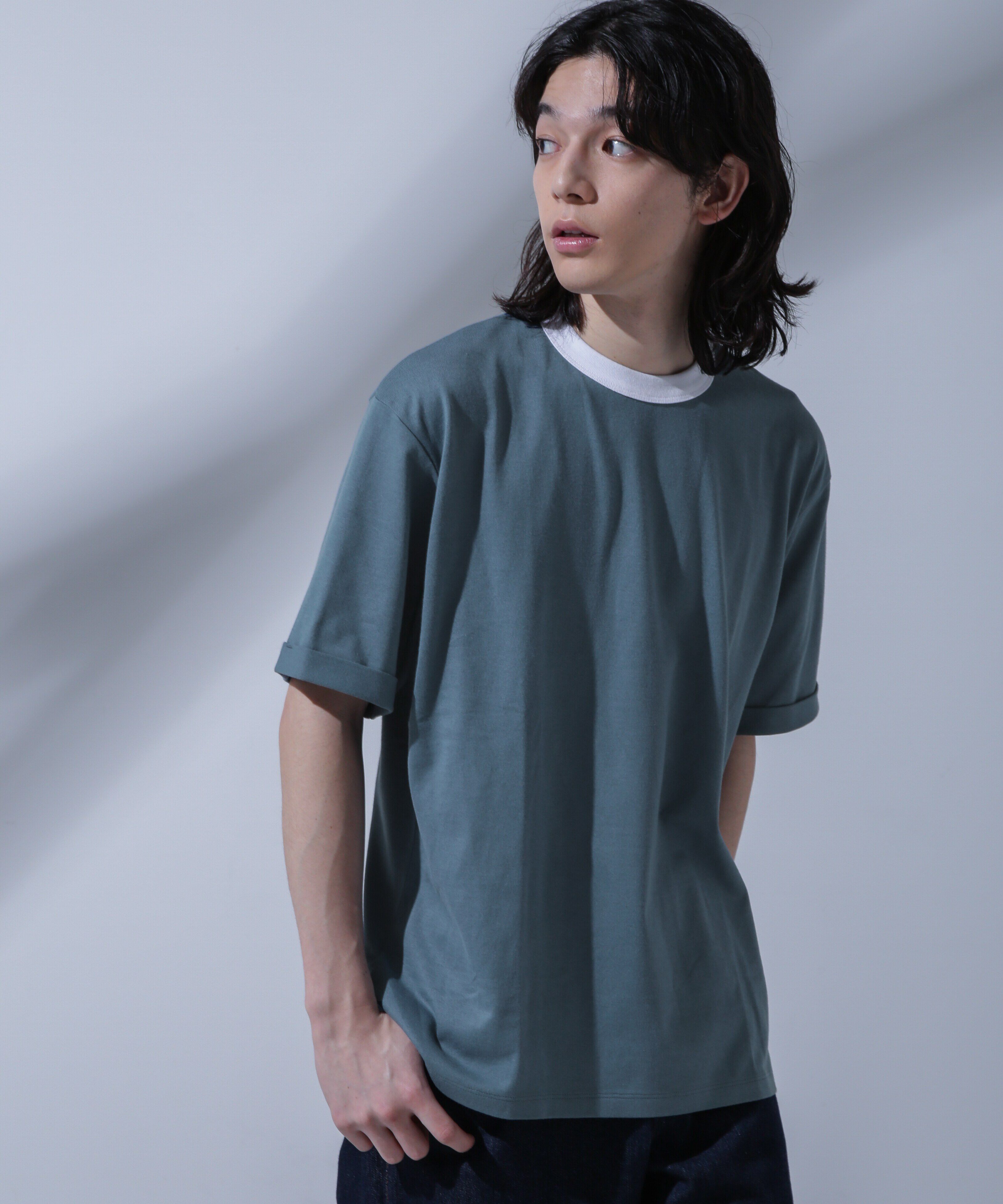 NANO universe「Anti Soaked 汗染み防止 リンガーネックTシャツ」|Tシャツ・カットソー|ブルー