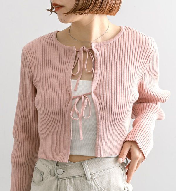  「【5色展開】ラメリボンカーディガン」|カーディガン|ピンク