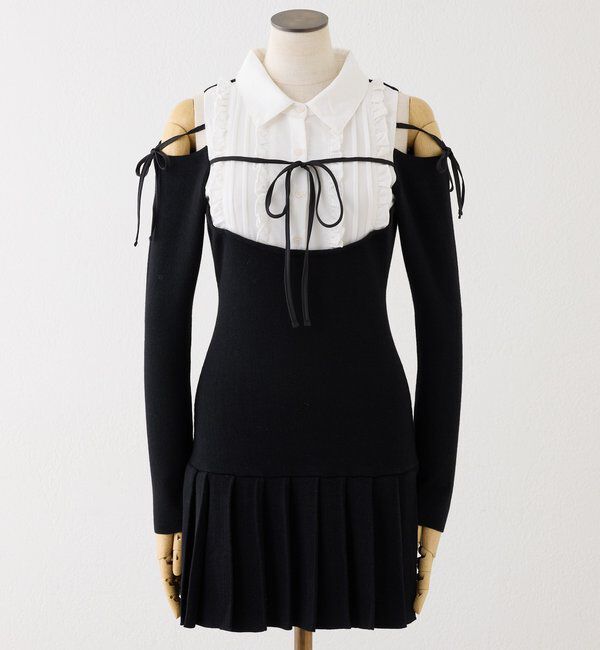  「【SMサイズ展開】肩あきフリルシャツドッキングワンピース」|ワンピース|