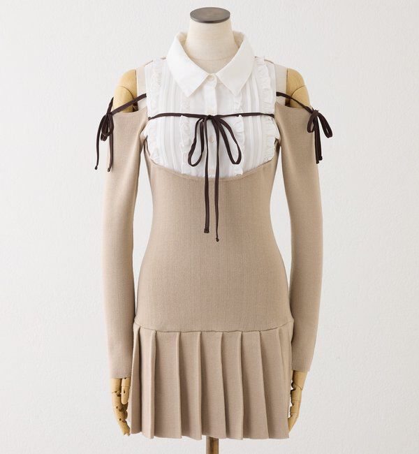  「【SMサイズ展開】肩あきフリルシャツドッキングワンピース」|ワンピース|ベージュ