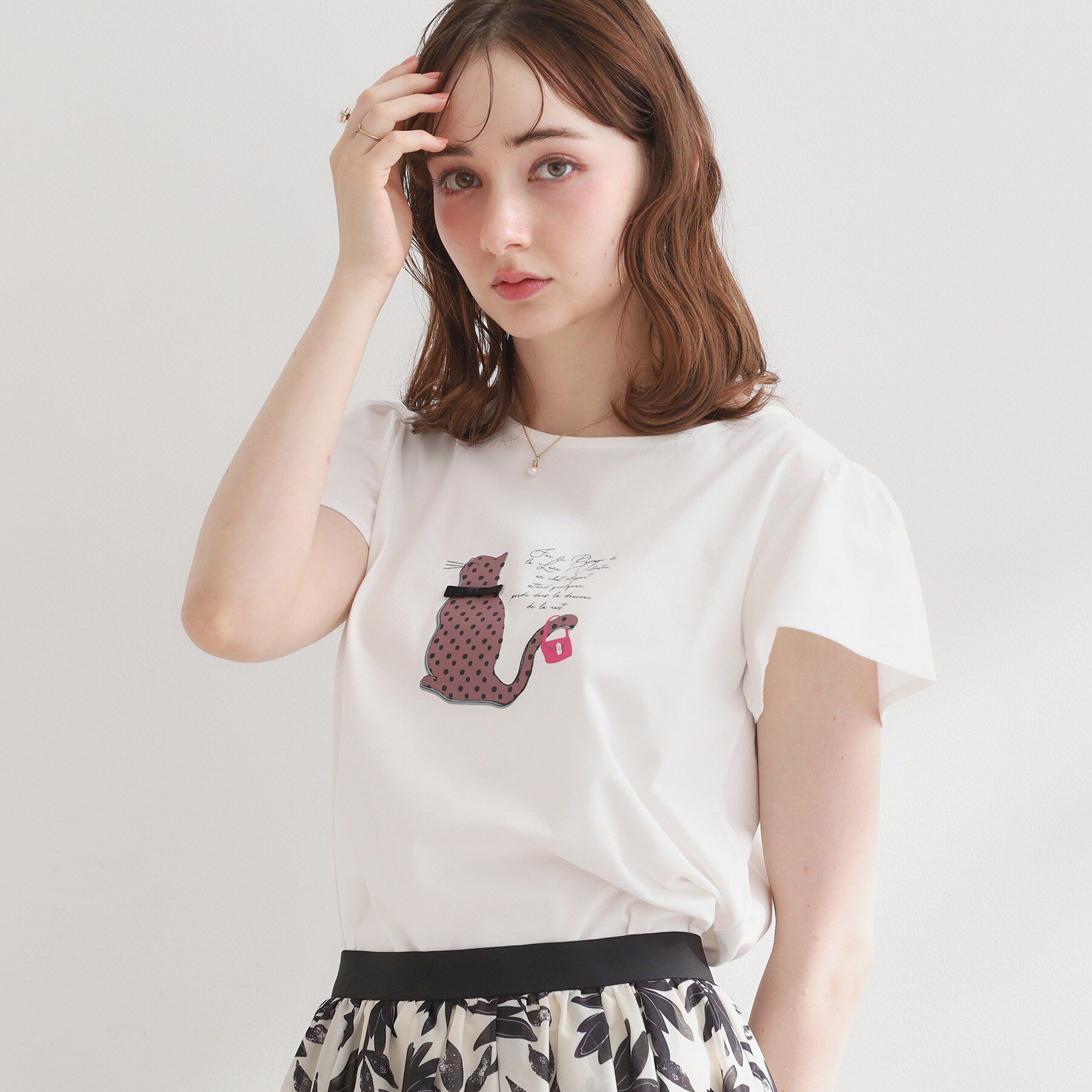 Couture broach「【接触冷感・UVカット・洗える】CATプリントTシャツ」|Tシャツ・カットソー|ホワイト(101)