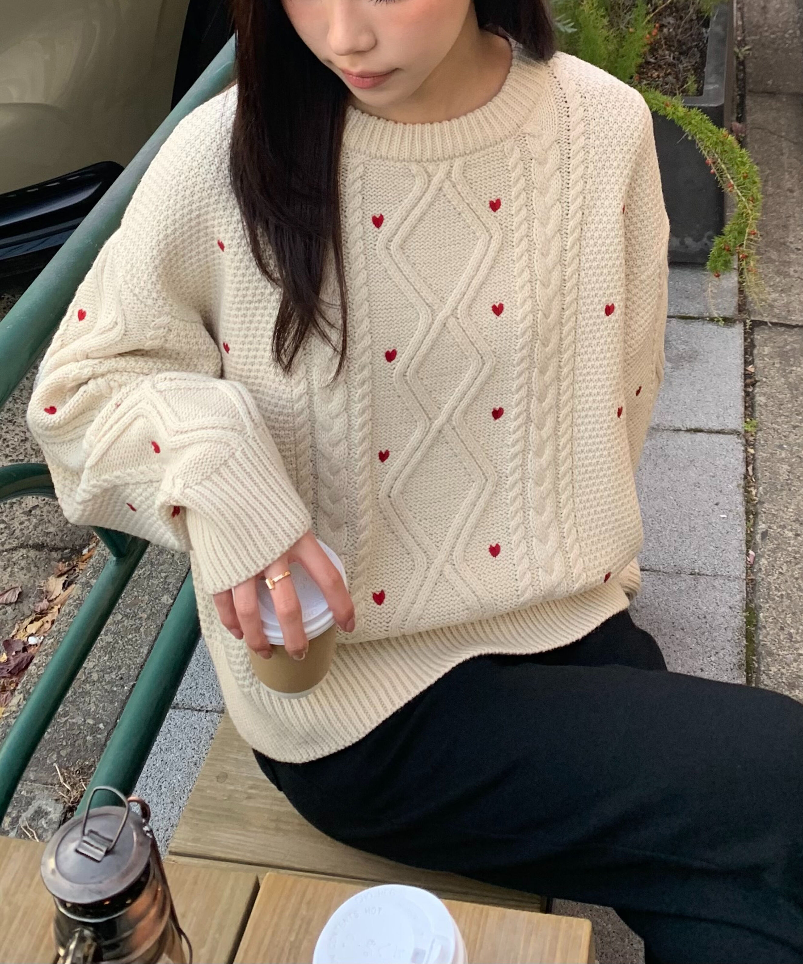  「ハート刺繍ケーブルニット」|ニット・セーター|