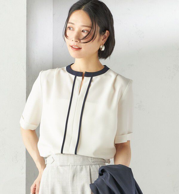 SHIPS for women「〈手洗い可能〉パイピング キーネック 半袖 ブラウス」|シャツ・ブラウス|オフホワイト