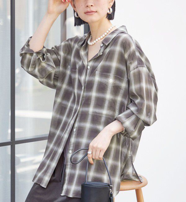 SHIPS for women「〈手洗い可能〉シアー チェック オーバー サイズ シャツ」|シャツ・ブラウス|オリーブ