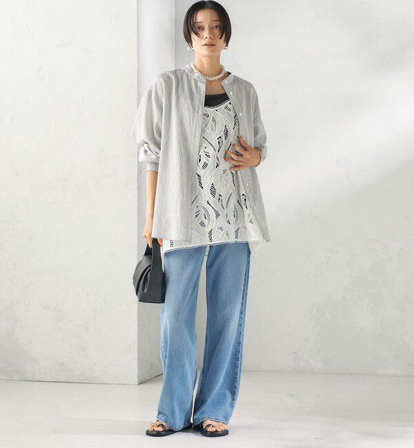 SHIPS for women「〈手洗い可能〉シアー ストライプ バンドカラー シャツ」|シャツ・ブラウス|