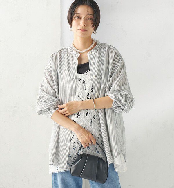 SHIPS for women「〈手洗い可能〉シアー ストライプ バンドカラー シャツ」|シャツ・ブラウス|
